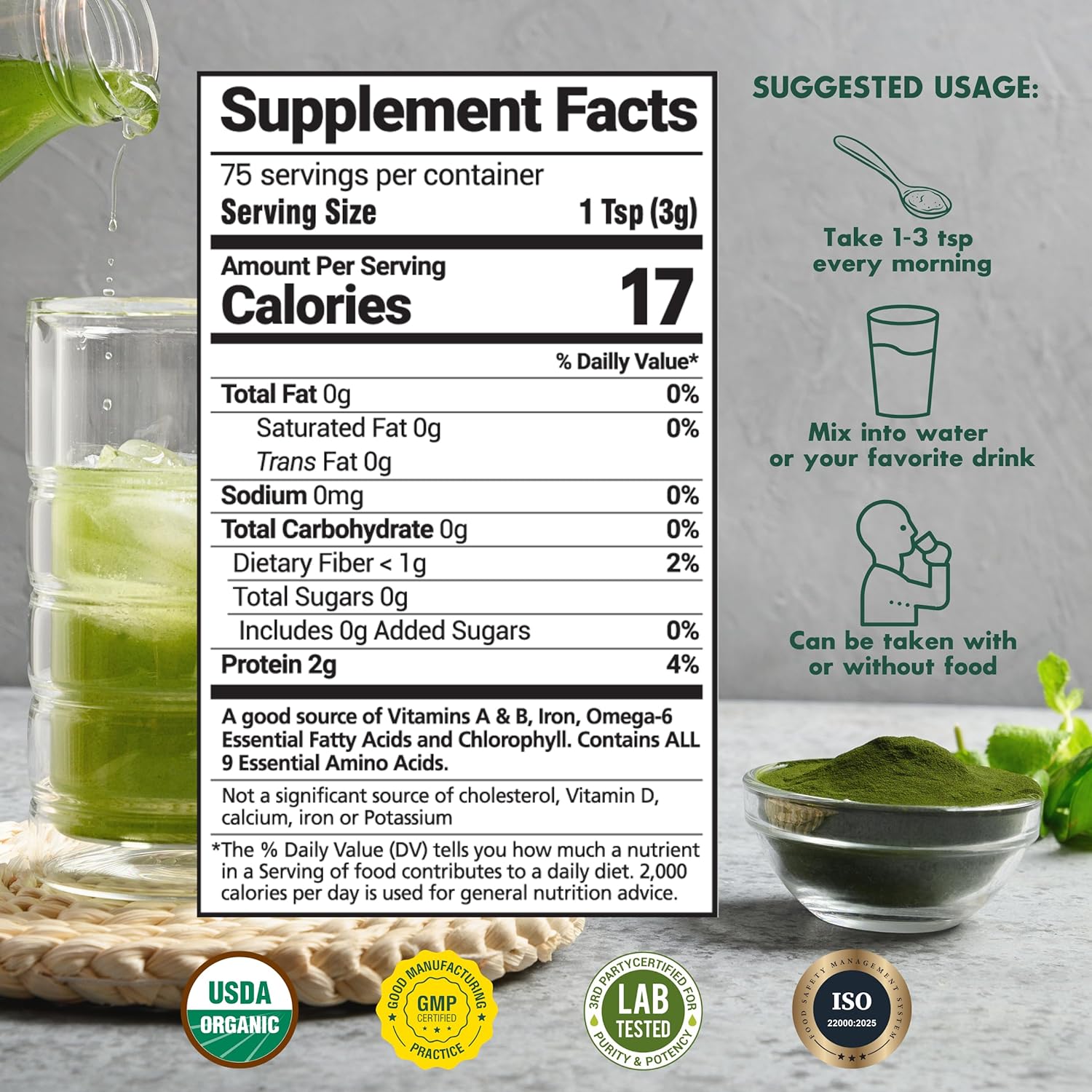 Organic Chlorella Spirulina Powder Supplement facts