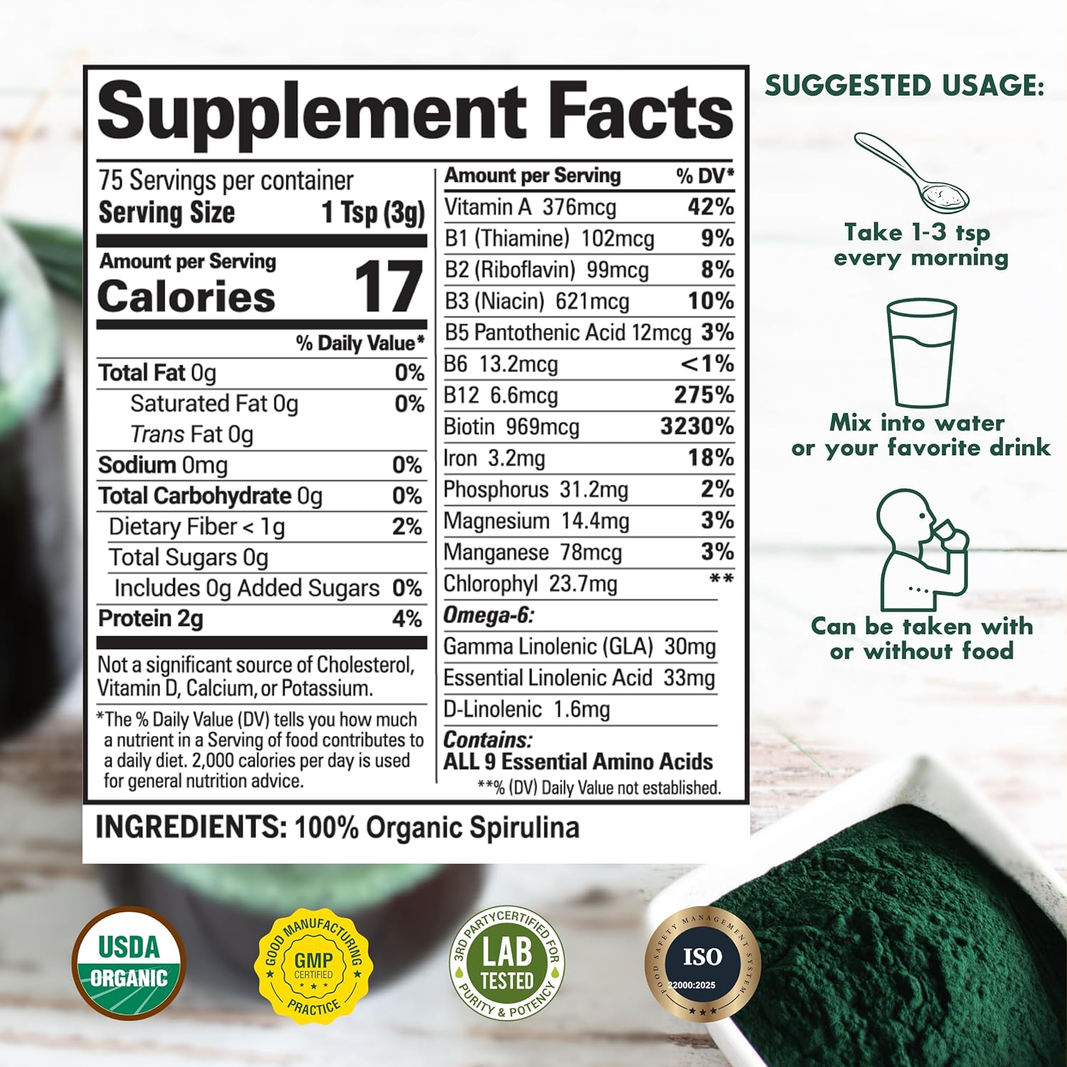 Organic Spirulina Powder Supplement Facts