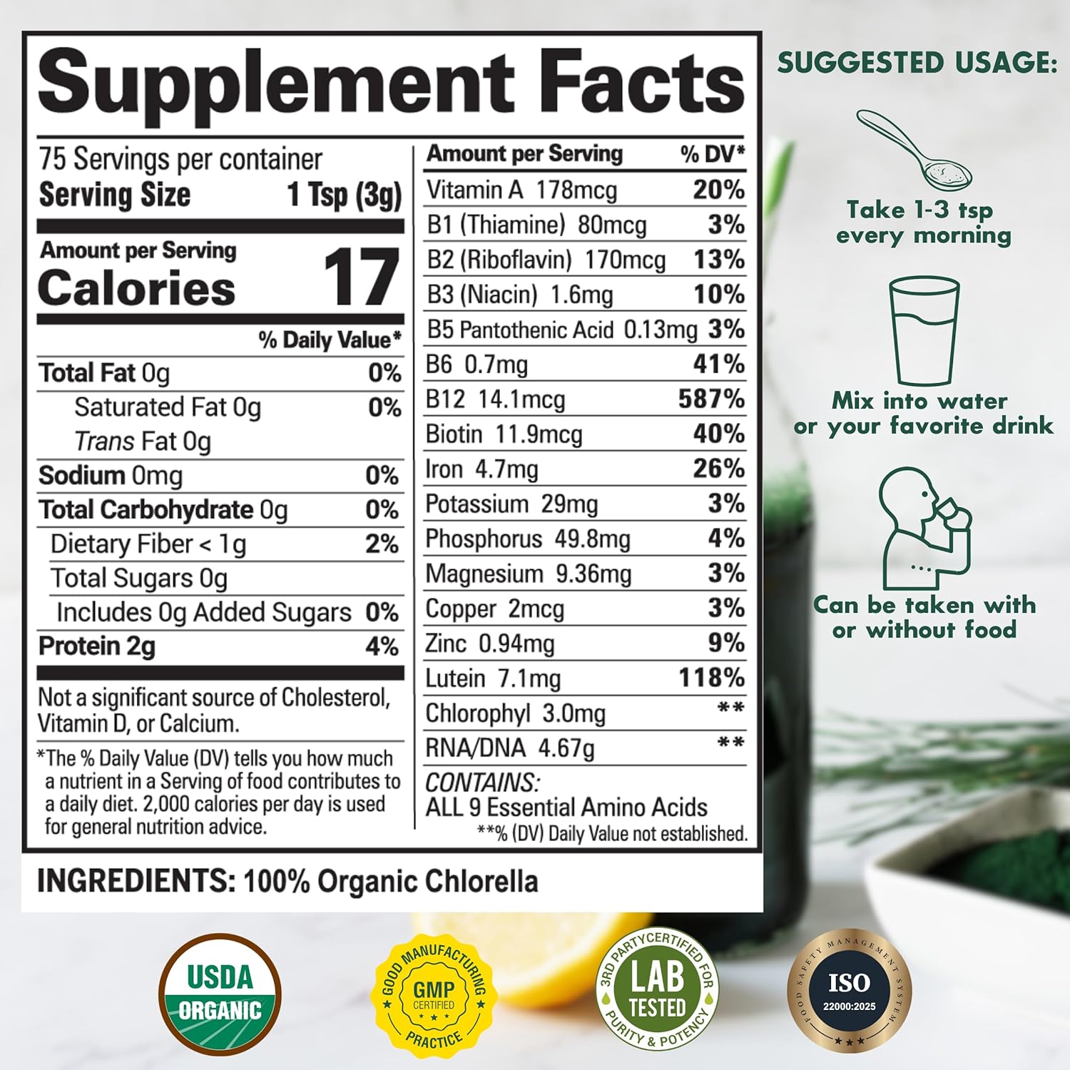 Organic Chlorella Powder Supptement facts