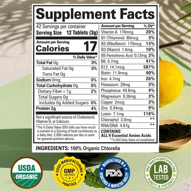 Sunlit Best USDA Organic Premium Chlorella Tablets 500 Tabs | 100% Pure Chlorella Superfood Supplement High in Protein, Chlorophyll, Vitamins, &amp; Minerals | Supports Good Health, Wellbeing &amp; Recovery