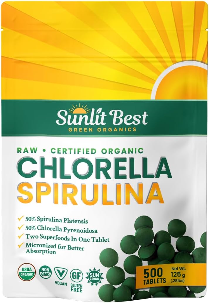Sunlit Best Organic Chlorella Spirulina 500 Tablets - Pure Superfood Supplement Spirulina Chlorella Pills with Burst &amp; Cracked Cell Wall Algae, Chlorophyll, &amp; Vegan Protein, More Potent Than Capsules