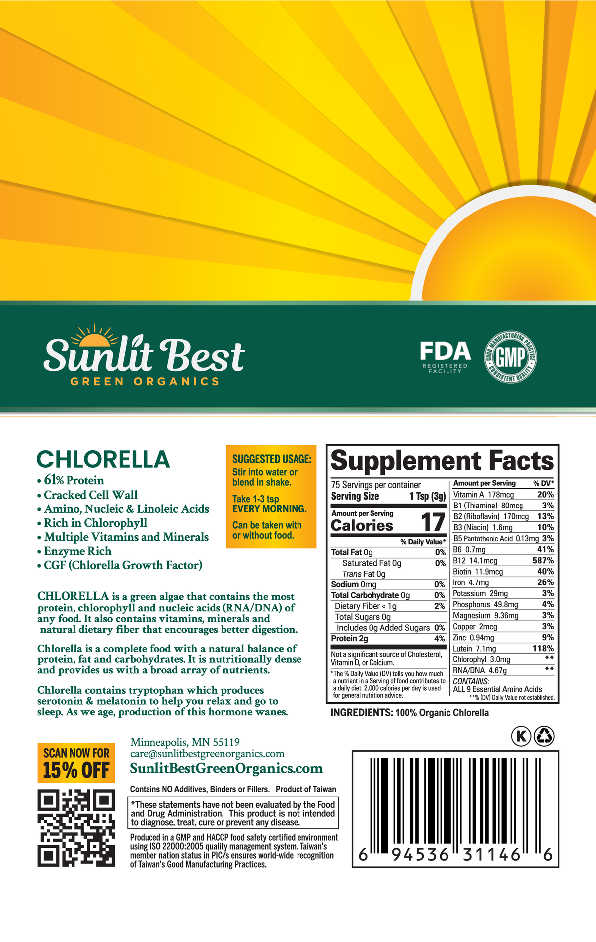 Sunlit Best Green Organic Chlorella 8 Oz Powder