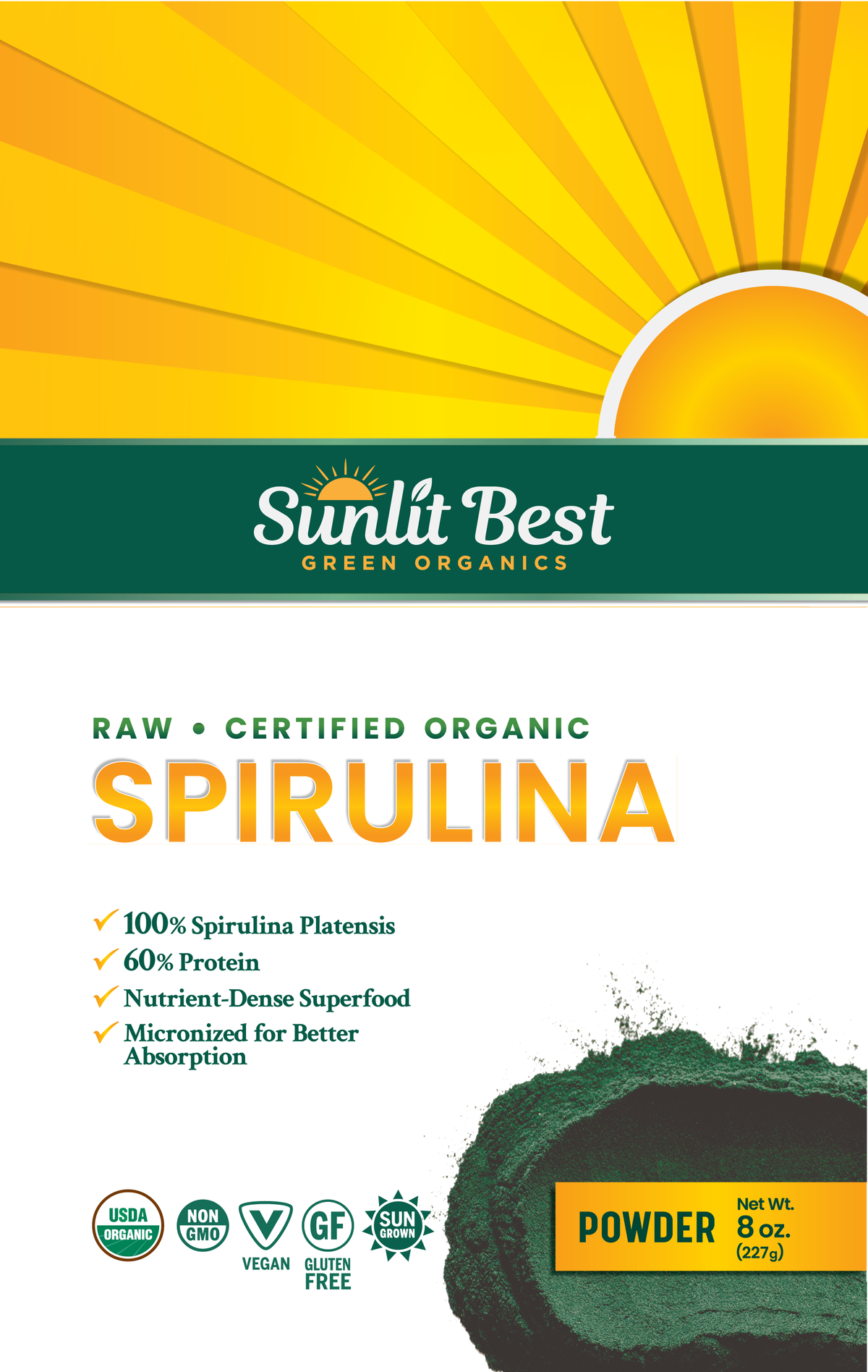 Sunlit Best Green Organic Spirulina 8 Oz Powder