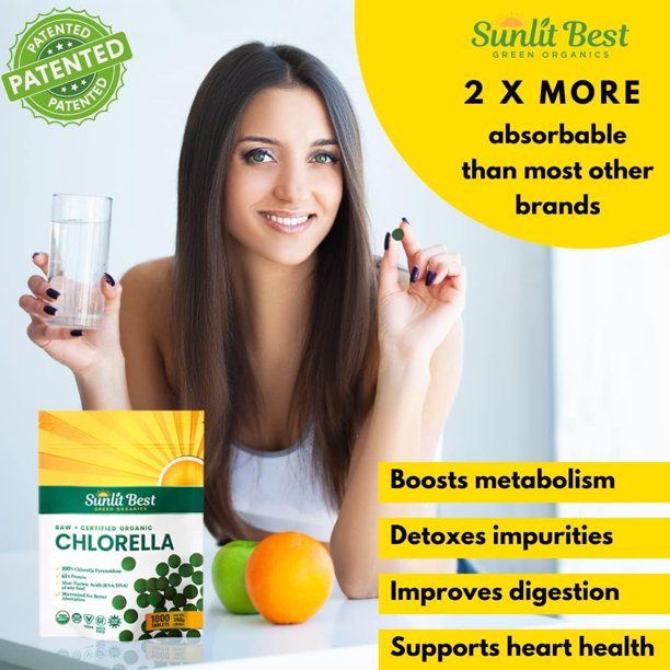 Sunlit Best USDA Organic Premium Chlorella Tablets 1000 Tabs | 100% Pure Chlorella Superfood Supplement High in Protein, Chlorophyll, Vitamins, &amp; Minerals | Supports Good Health, Wellbeing &amp; Recovery