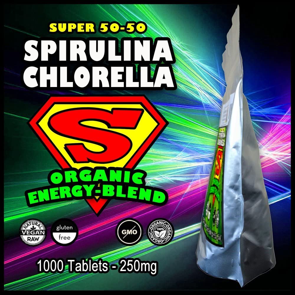 Spirulina Chlorella Cracked Cell Wall Super 50-50 Super-Pack 1,000 Tablets - Raw Organic Gluten-Free Non-GMO Green Superfood. High Protein, Chlorophyll &amp; nucleic acids. No preservatives, No fillers