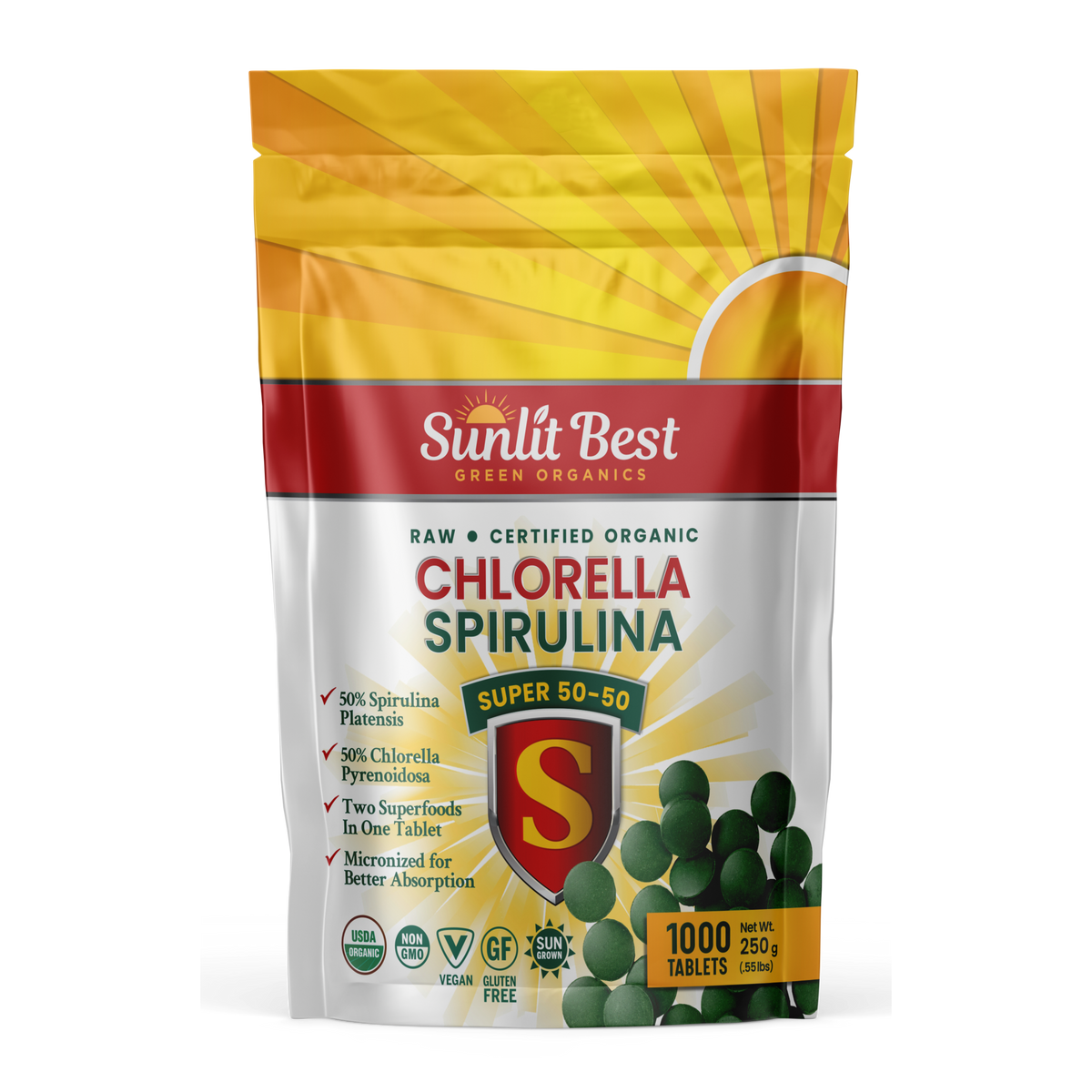 Spirulina Chlorella Cracked Cell Wall Super 50-50 Super-Pack 1,000 Tablets - Raw Organic Gluten-Free Non-GMO Green Superfood. High Protein, Chlorophyll &amp; nucleic acids. No preservatives, No fillers
