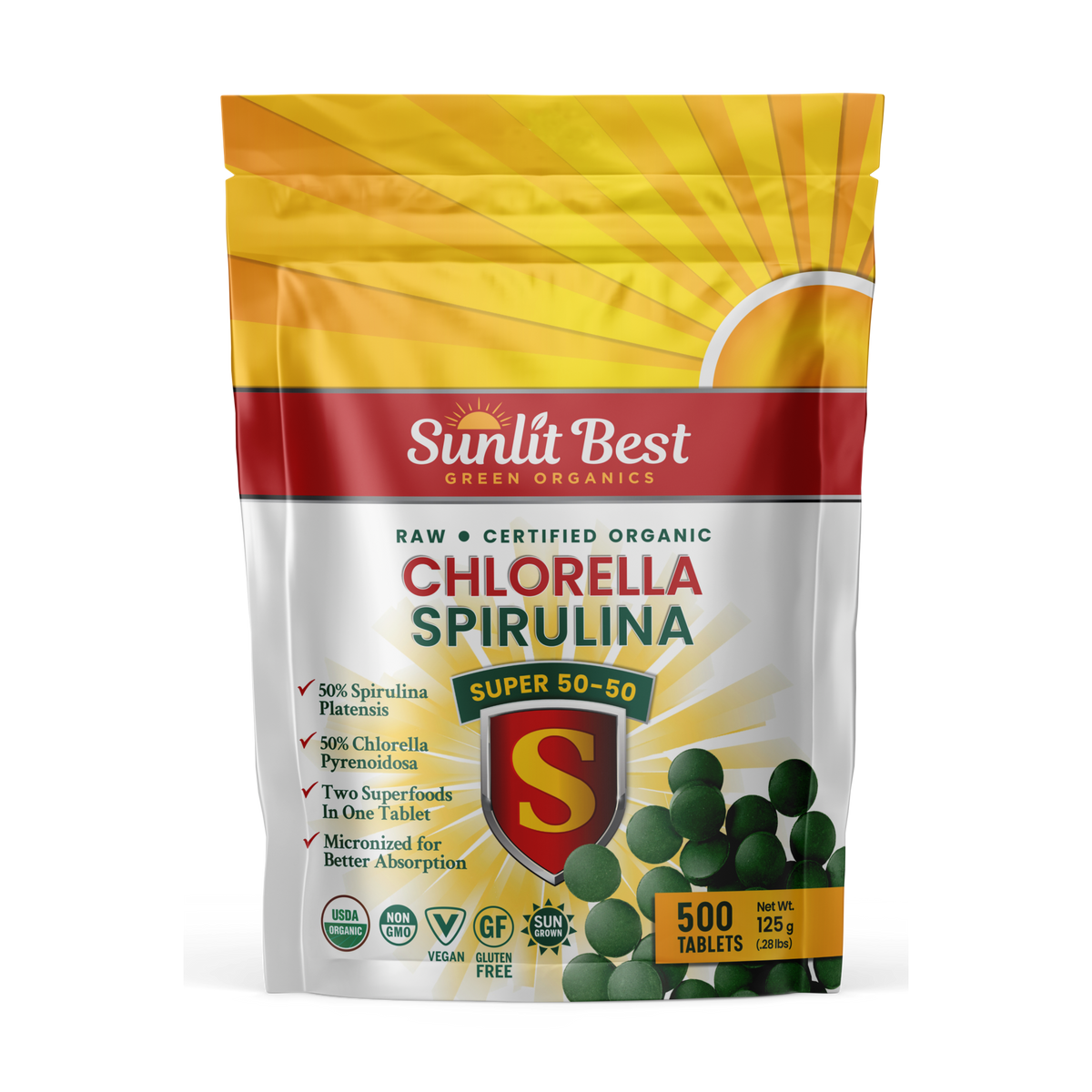 Spirulina Chlorella Cracked Cell Wall Super 50-50 Super-Pack 500 Tablets - Raw Organic Gluten-Free Non-GMO Green Superfood. High Protein, Chlorophyll &amp; nucleic acids. No preservatives, No fillers
