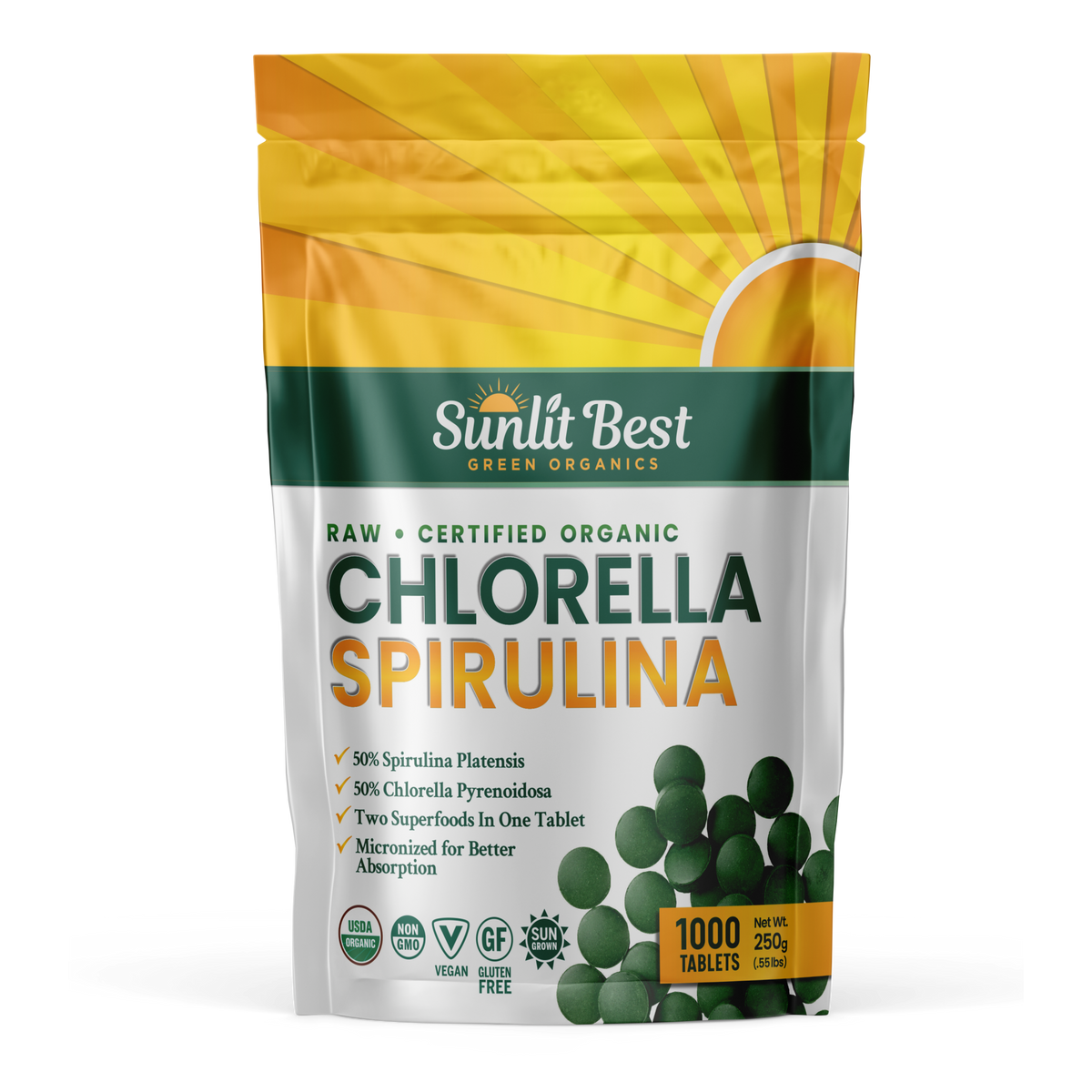 Chlorella Spirulina 50/50 (Mega-Pack 1000) Cracked Cell Wall, 100% Pure &amp; Clean, Organic Raw Non-GMO Green Superfood, Protien Packed, by Sunlit, Best Green Organics