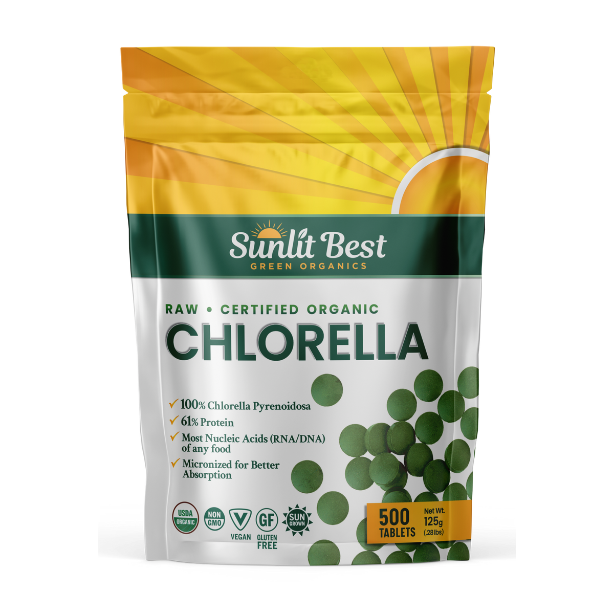Sunlit Best Organic Chlorella Spirulina 500 Tablets - Pure Superfood Supplement Spirulina Chlorella Pills with Burst &amp; Cracked Cell Wall Algae, Chlorophyll, &amp; Vegan Protein, More Potent Than Capsules