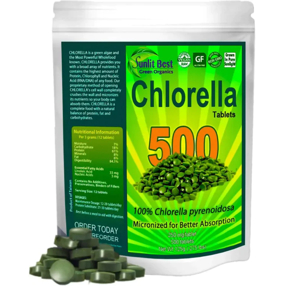 Sunlit Best Organic Chlorella Spirulina 500 Tablets - Pure Superfood Supplement Spirulina Chlorella Pills with Burst &amp; Cracked Cell Wall Algae, Chlorophyll, &amp; Vegan Protein, More Potent Than Capsules