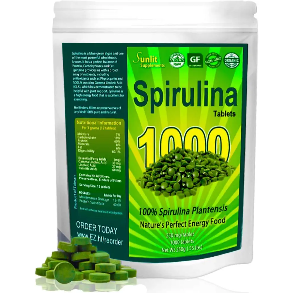 Spirulina Tablets (Mega-Pack 1000 Tablets). Organic, raw, Non-GMO. 100% Pure Green Superfood Spirulina Plantensis Supplement. Maximum Protein and Chlorophyll. No preservatives or fillers.